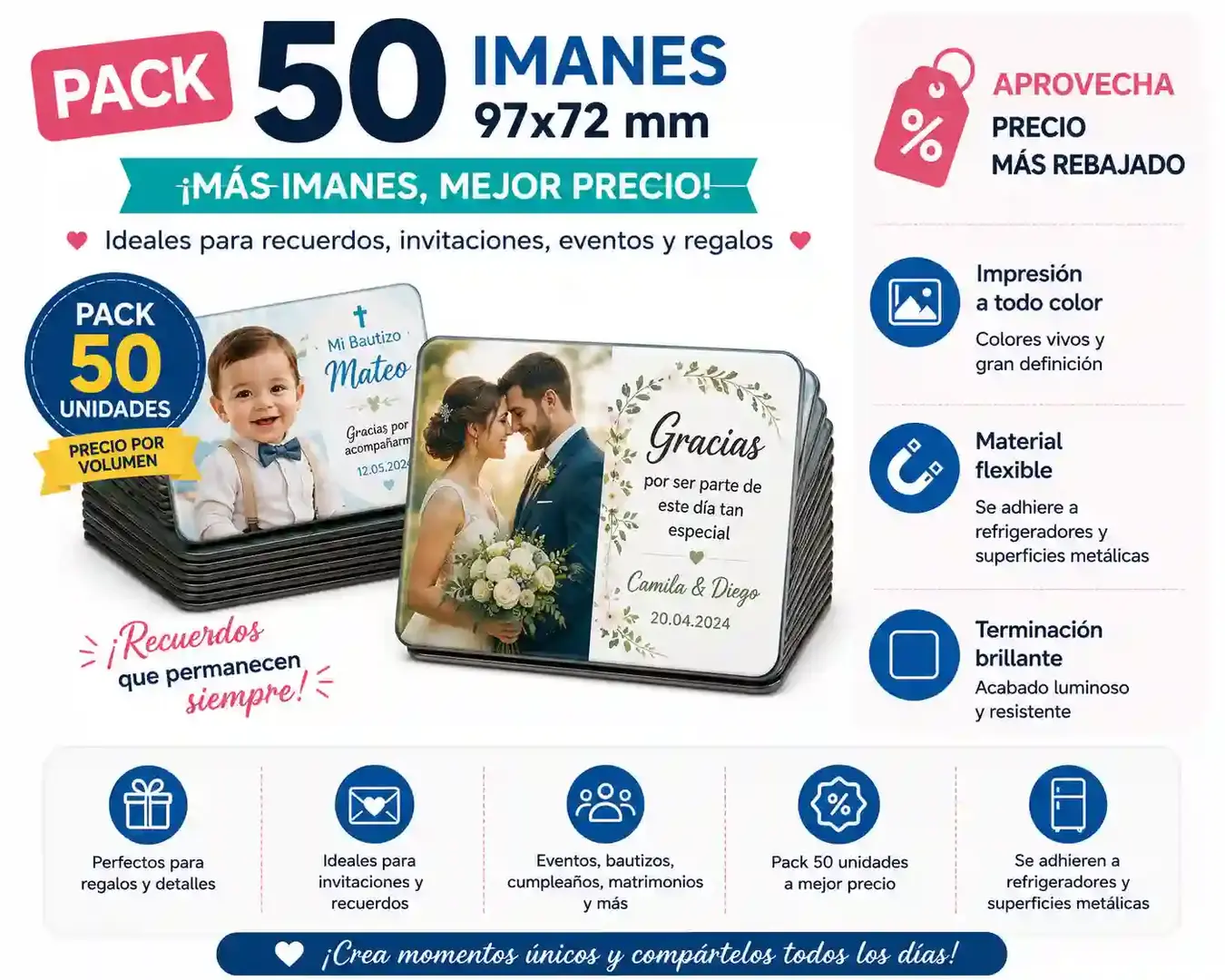 Pack de 50 imanes personalizados de 97x72 mm con impresión fotográfica a todo color, ideales para invitaciones magnéticas, recuerdos de eventos, matrimonios, bautizos y celebraciones especiales.