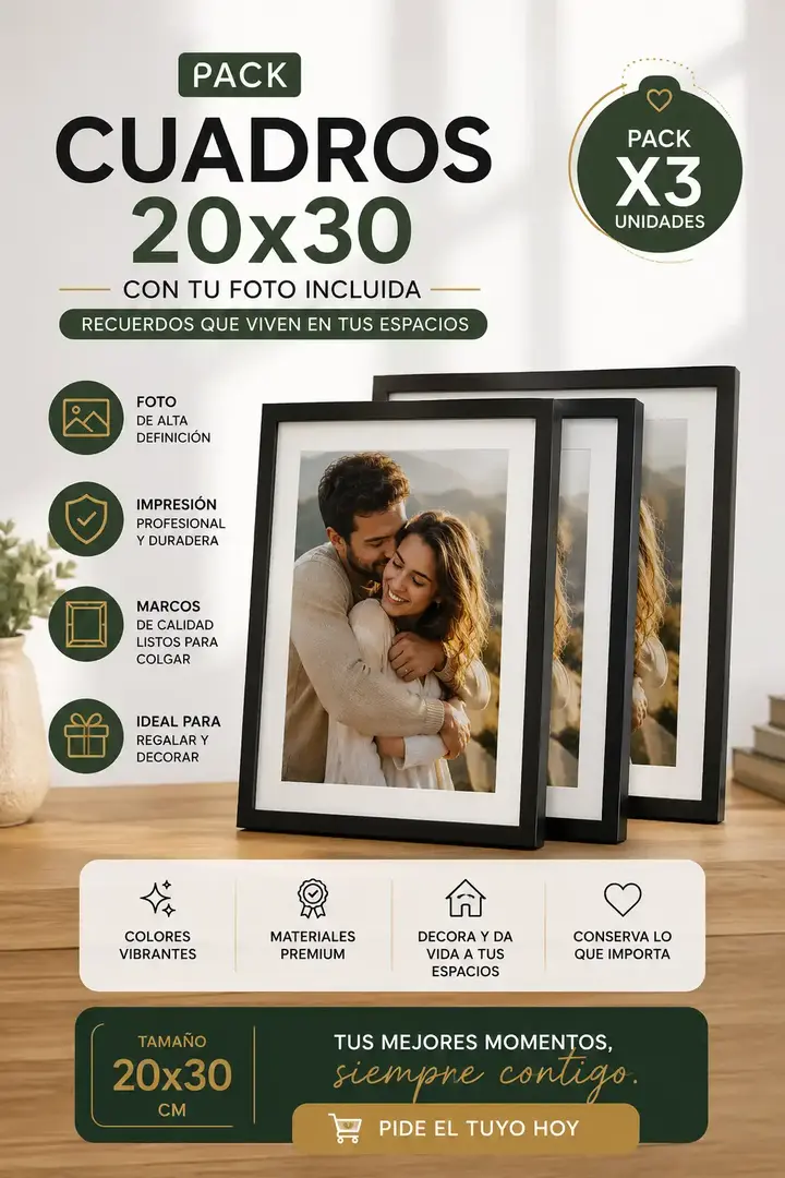Pack de 3 cuadros 20x30 con foto incluida, impresión fotográfica profesional y marcos listos para decorar