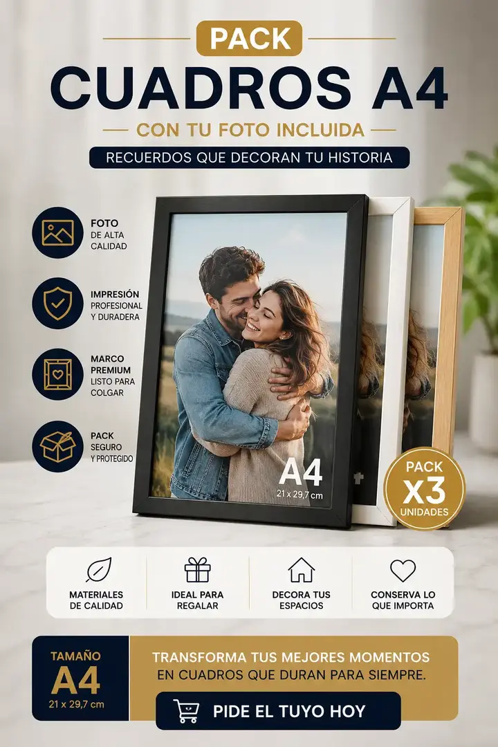 Pack de 3 cuadros A4 con foto incluida e impresión profesional listos para decorar o regalar