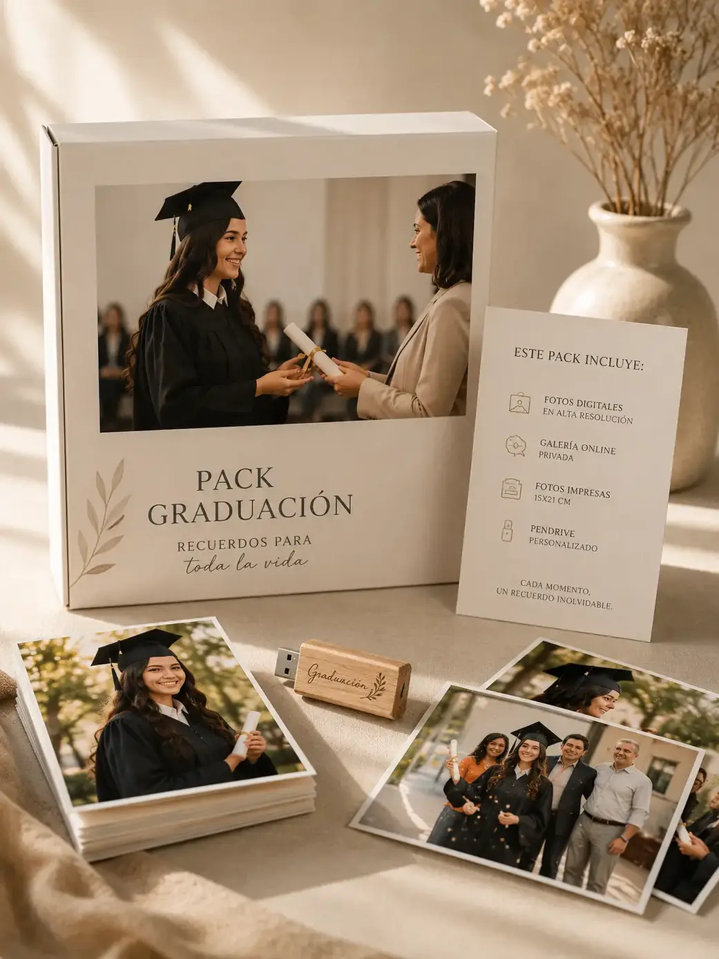Pack de fotografías de graduación con fotos impresas, caja personalizada y pendrive sobre fondo cálido estilo aesthetic.