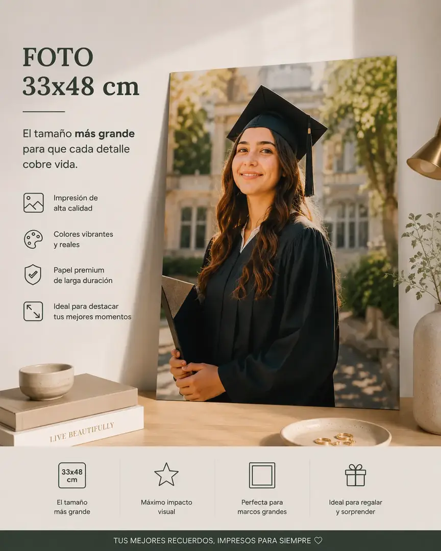 Pack de fotografías impresas tamaño 33x48 cm A3+ sobre mesa clara con acabado premium y estilo moderno