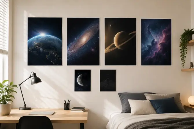 Muro juvenil con posters del universo y arte abstracto en tamaños A3, A3+ y A4 en habitación moderna y luminosa