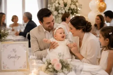 Celebración familiar de bautizo con decoración elegante y fotografías espontáneas.