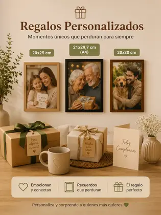 Regalos personalizados con cuadros fotográficos en tamaños 20x25 cm, 20x30 cm y A4 para cumpleaños, aniversarios y ocasiones especiales
