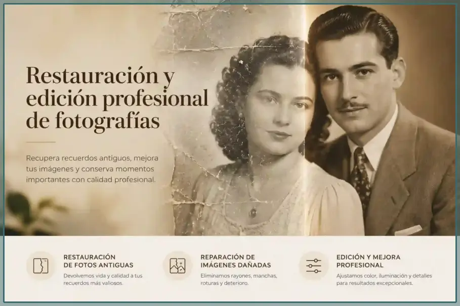 Restauración profesional de fotografías antiguas y edición digital de imágenes dañadas.