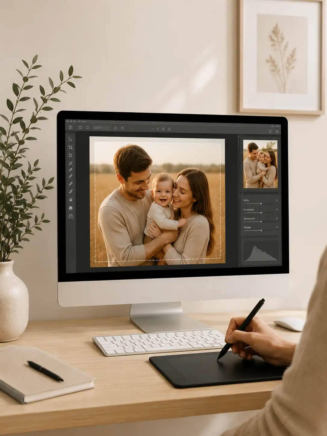 Proceso de revisión y optimización de una fotografía para crear un cuadro personalizado con calidad profesional.