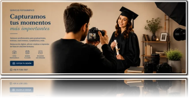 Fotógrafo profesional realizando sesión de graduación en estudio con iluminación profesional y fondo cálido aesthetic.