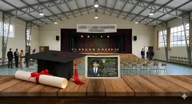 Gimnasio ceremonia graduación, con un cuadro, diploma y birrete