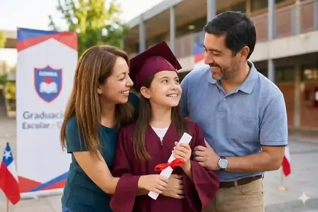 Familia Padres felicitando a su hija, con toga burdeo y birrete, con su diploma en las manos